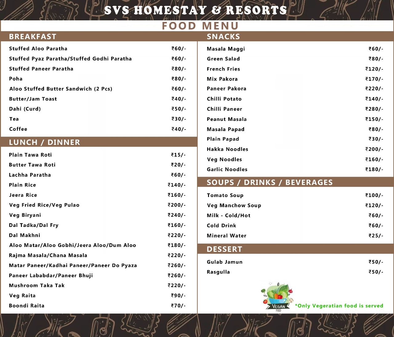 SVS Homestay and Resorts food menu